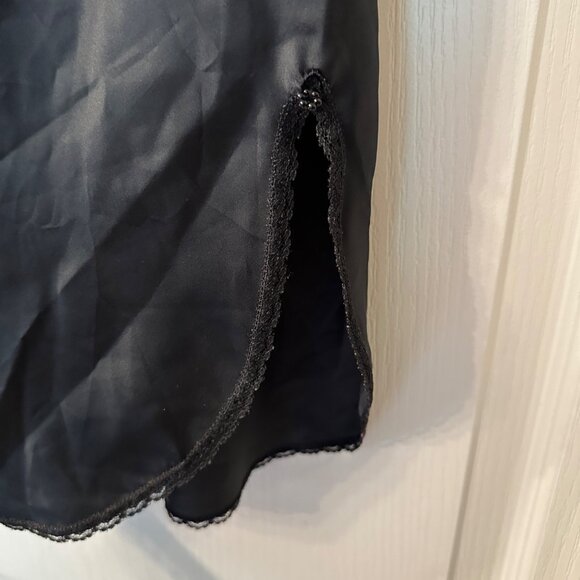 Warners | VTG Black Satin Slip Skirt Lace Trim Slit Small 55317 Fairy Goth - Picture 3 of 9